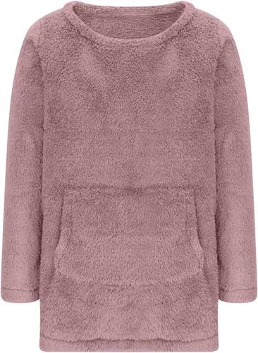 Vista 3 de Sudadera Sherpa para mujer, cuello redondo, forro polar, cálida, peluda, con bolsillo tipo canguro