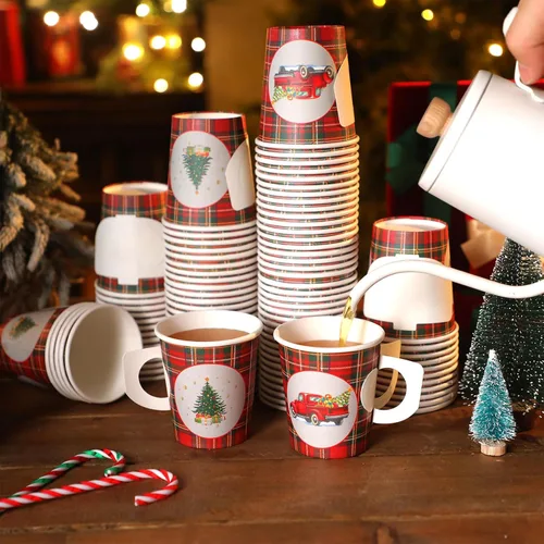 Vista 2 de 200 vasos de papel desechables de Navidad con asa, 8 onzas, búfalo, a cuadros, desechables, para café, cacao, chocolate caliente, vasos para bebidas