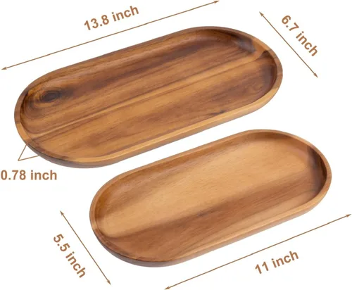 Vista 2 de VieWood Bandejas de madera de acacia, juego de 2 bandejas para servir para decoración del hogar, tabla de servir de madera para frutas, cupcakes