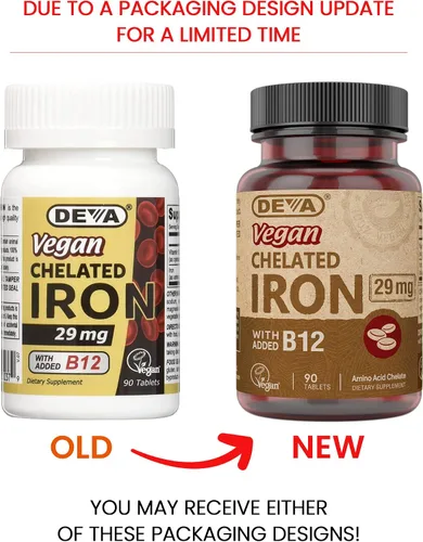Vista 2 de Deva Nutrition Hierro quelado vegano 29 mg fortificado con B-12 - Alta potencia, fácil de tragar - 90 tabletas, 1 paquete