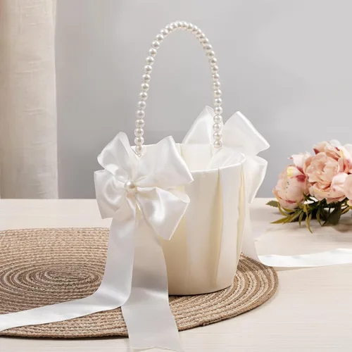 Vista 4 de Cestas de niña de flores para boda, cesta de flores marfil con mango de perlas, juego de 2 cestas de boda para niñas de flores