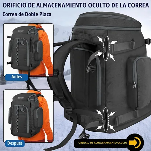 Vista 4 de Ski Boot Bag, 65L Durable Travel Backpack, 1680D Nylon Waterproof Snowboard Boot Bag, Skiing and Snowboarding Travel Luggage for Helmet, Goggles