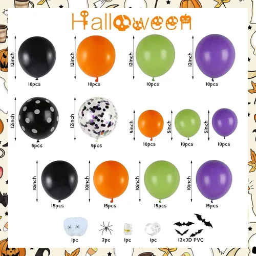 Vista 2 de Kit de arco de globos de Halloween de 155 piezas, kit de guirnalda de globos de color negro, naranja, morado y verde, con arañas de telaraña