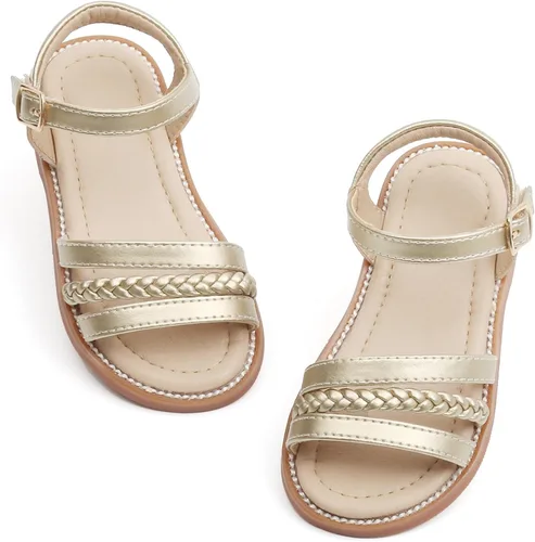 Vista 16 de Sandalias de verano para niñas con puntera abierta, sandalias planas de princesa con suela cómoda D742 Oro