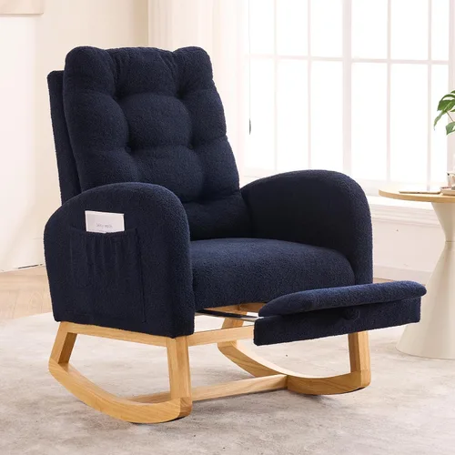 Vista 12 de Mecedora con reposapiés para cuarto de bebé, silla mecedora tapizada de peluche con bolsillo lateral, patas de madera maciza, respaldo alto