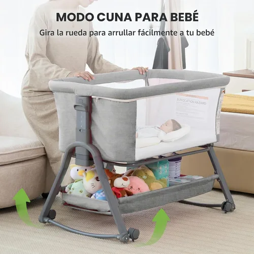 Vista 5 de Real Relax Moisés para bebé, cuna mecedora 3 en 1 para bebé con 6 alturas ajustables, laterales y colchón de malla transpirable, cesta de Gris