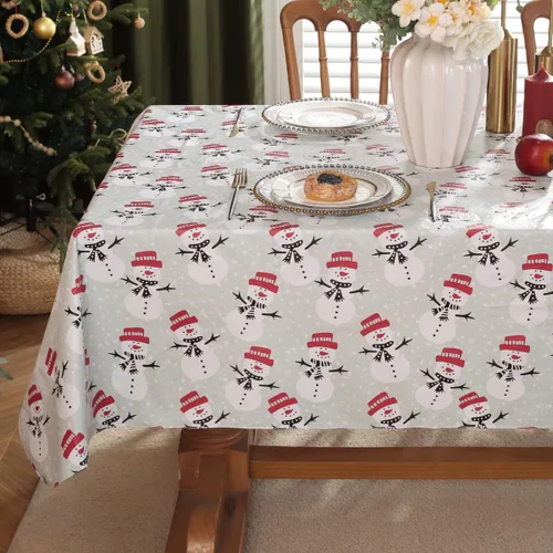 Vista 3 de Mantel de vinilo de muñeco de nieve blanco navideño con reverso de franela, mantel rectangular de PVC, manteles impermeables de Navidad