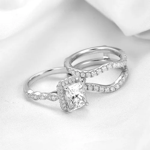 Vista 3 de DovEggs Anillo de compromiso con halo oculto de moissanita de plata de ley de 3 quilates de 0.276 x 0.354in G-H-I con detalles para mujer, moissanita