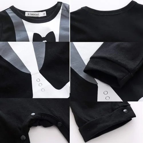 Vista 3 de Kimocat Mameluco de esmoquin para bebé niño, de una pieza, con botones, corbatín de boda (corbata negra y negra)