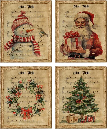 Vista 8 de LKETW Póster vintage de impresiones navideñas de invierno sin marco, juego de 4 unidades de 8x10 pulgadas, decoración de pared rústica de Papá Noel