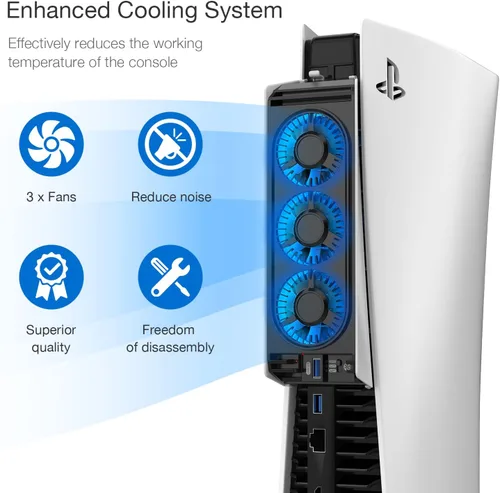 Vista 2 de Ventilador de refrigeración para PS5, ventilador silencioso mejorado con luz LED para consola Playstation 5Playstation 5 Edición digital y consola