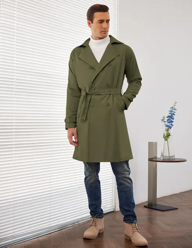 Vista 2 de COOFANDY Gabardina ajustada para hombre, con doble botonadura y cuello de solapa con cinturón