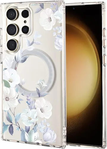 Vista 47 de Funda magnética para Samsung Galaxy S22 Ultra Flower, compatible con MagSafe, patrón floral transparente a prueba de golpes, parte trasera