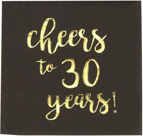 Vista 5 de BLUE PANDA Servilletas de 30 cumpleaños – 5 x 5 pulgadas, 3 capas, 50 unidades, negro y dorado – Servilletas estampadas con texto en inglés «Cheers
