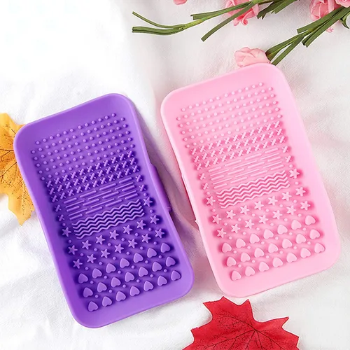 Vista 2 de Paquete de 2 alfombrillas de limpieza de brochas de maquillaje de silicona, limpiador de brochas de maquillaje portátil, herramienta de lavado