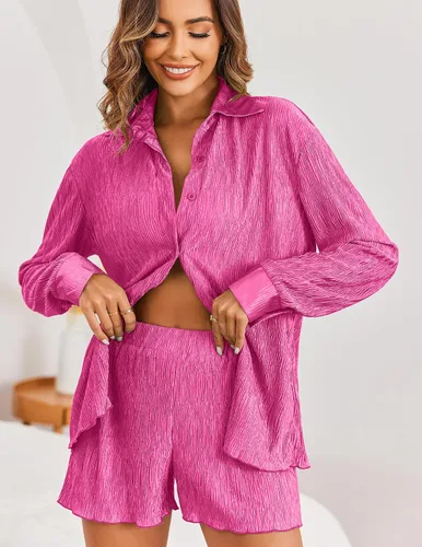 Vista 2 de Ekouaer Pleated Sets for Women 2 Piece Lounge Shorts Set Long Sleeve Button Down Shirts Outfits