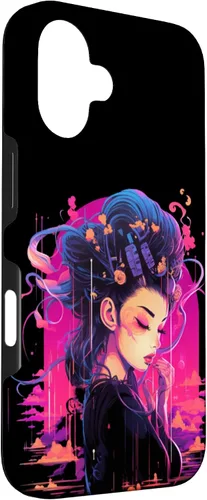 Vista 3 de iPhone 16 Japanese Geisha Retro Anime Cyberpunk Manga Synthwave Artsy Case