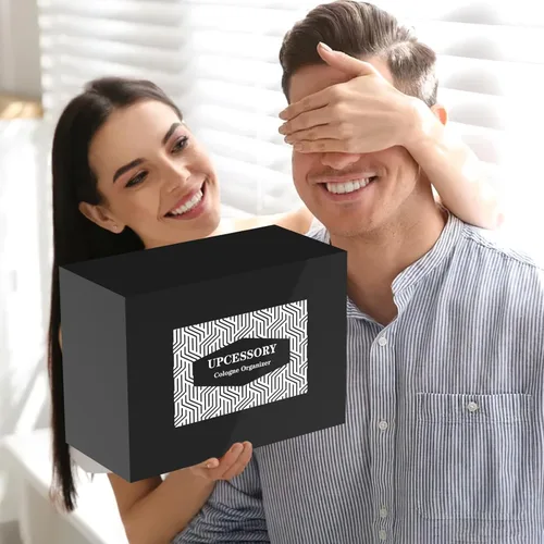 Vista 6 de upcessory Organizador de colonia de madera para hombres, estante mejorado de colonia de 4 niveles, organizador de perfumes con cajón forrado