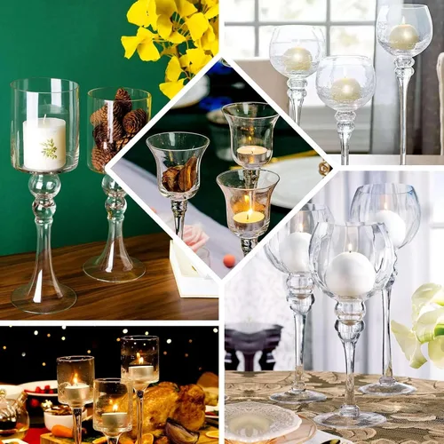 Vista 5 de Efavormart - Juego de 3 portavelas de mesa cilíndricos de cristal de tallo largo transparente