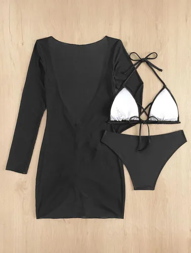 Vista 8 de SherryDC Traje de baño sexy de 3 piezas para mujer, conjunto de bikini triangular con cuello halter y manga larga, traje de baño con cordón