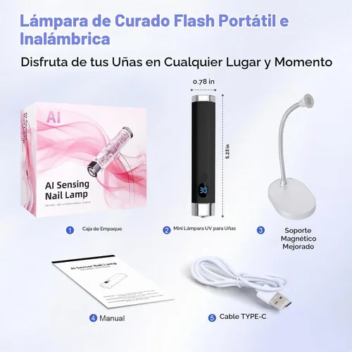 Vista 7 de Mini lámpara de uñas para uñas de gel con sensor de IA y soporte magnético Negro