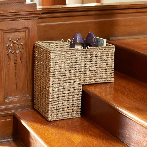 Vista 7 de Household Essentials - Cesta de mimbre para escalera, organizador de escalón de mimbre con asas, para recoger y transportar artículos de piso a piso