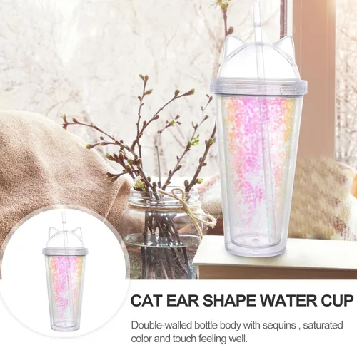 Vista 7 de UPKOCH Vaso de agua de doble pared con forma de oreja de gato, vaso de paja de plástico con lentejuelas, elegante botella de bebida reutilizable