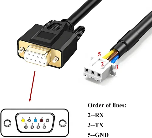 Vista 3 de Cable serie DB9 RS232 hembra de 5 pies a 3 terminales de cableado (2 3 5 pines), cable de extensión 24AWG 9Pin XH2.54 para comunicación de datos