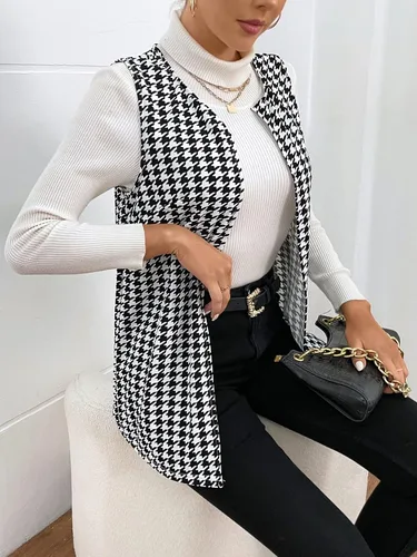 Vista 4 de WDIRARA Chaleco elegante sin mangas con pata de gallo abierto para mujer, abrigo largo