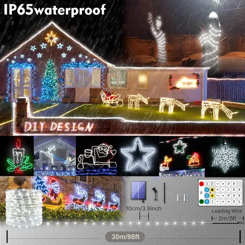 Vista 4 de Nuevas luces de cuerda solares mejoradas para exteriores, impermeables, 32m, 300 LED, luces de tira solares con control remoto, temporizador