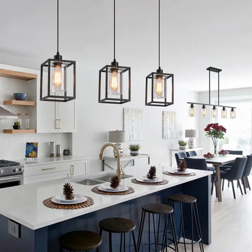 Vista 2 de Luces colgantes negras para isla de cocina, lámpara colgante de farol industrial con pantalla de vidrio transparente, iluminación colgante de altura