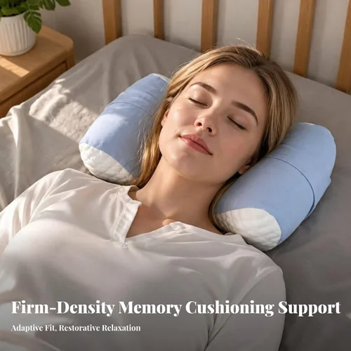 Vista 3 de Pillow Neck Support Pressure-Relieving, Memory Foam Pillow with Strap, Supportive, for Bed, Blue White