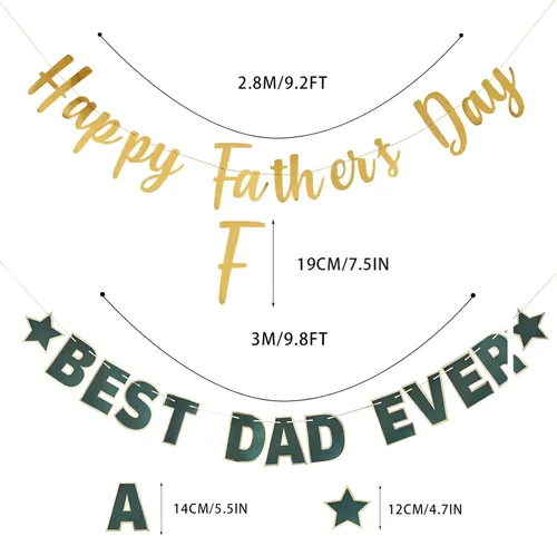 Vista 2 de Pancarta dorada con texto en inglés «Happy Father's Day» para el Día del Padre, decoración de fiesta del padre, guirnalda de fondo para el día