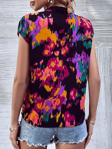 Vista 2 de MakeMeChic Blusa de manga casquillo con cuello en V y muesca para mujer