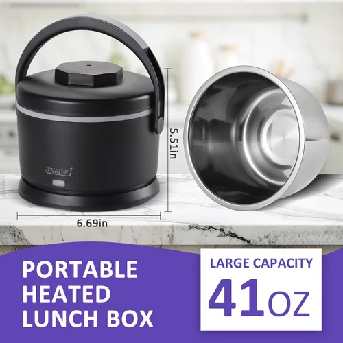 Vista 2 de Lonchera eléctrica para adultos de 40 oz, calentador de alimentos portátil 12V/24V/110V/220V, lonchera con calefacción para trabajo, oficina, Negro