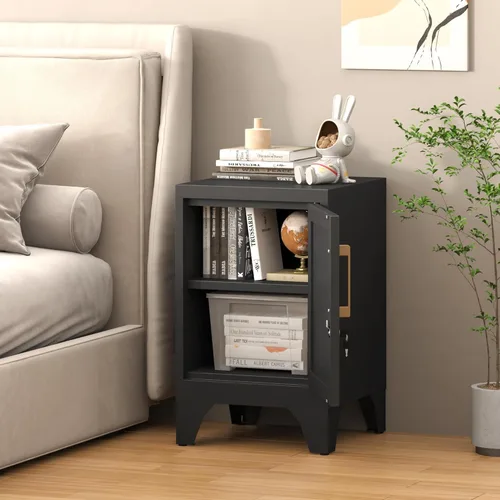Vista 2 de Mesita de noche tipo casillero de metal negro de 23.6 pulgadas de alto con 1 puerta con cerradura y 1 estante ajustable, armario de almacenamiento