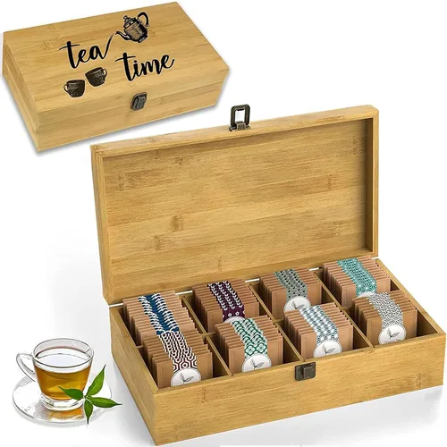 Vista 14 de Caja organizadora de té segura para alimentos, libre de productos químicos, baúl de almacenamiento de bambú, cubos ajustables