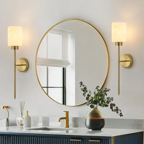 Vista 7 de Juego de 2 apliques de pared dorados con pantalla de vidrio de mármol, accesorios modernos de tocador de baño para dormitorio, pasillo, entrada