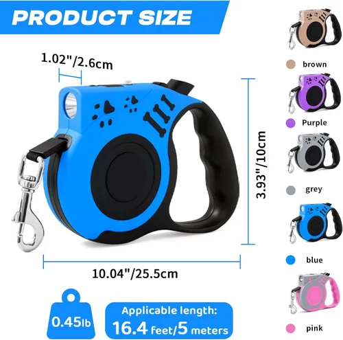 Vista 3 de Correa retráctil para perro con linterna recargable USB para paseos nocturnos, correa telescópica automática de tractor de 16 pies para perros Azul
