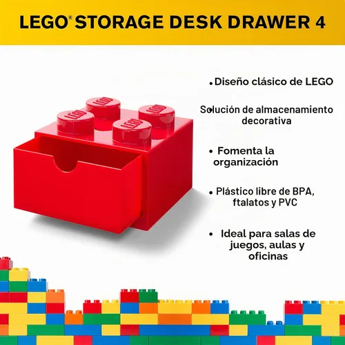 Vista 5 de Room Copenhagen LEGO Storage Brick 4 Cajón de Escritorio, Caja de Almacenamiento de Sobremesa Apilable de 4 Espigas, 6.2 x 6.2 x 4.4 pulgadas, Rojo