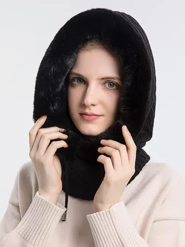Vista 5 de Sombreros de invierno para mujer, de una pieza, con capucha, de piel sintética, cálida, pasamontañas, gorro de punto
