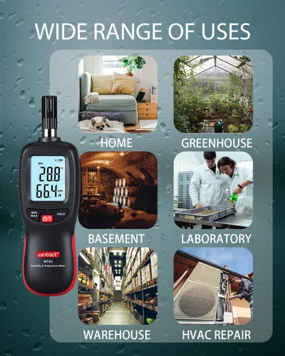 Vista 7 de Wintact Medidor digital de temperatura y humedad, termómetro higrómetro monitor con punto de rocío y temperatura de bombilla húmeda, luz de fondo