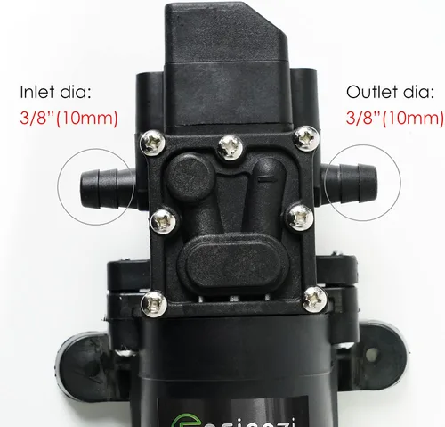 Vista 4 de Bomba de agua dulce de 12 V CC con 2 abrazaderas de manguera, bomba de diafragma de 12 voltios, bomba rociadora autocebante con interruptor