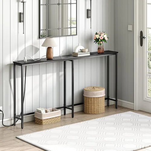 Vista 2 de HOOBRO - Mesa de consola estrecha de 63" con estación de carga, mesa de sofá de 5.9" con 2 tomas de corriente y puertos USB, mesas largas de entrada