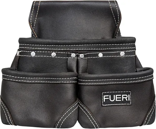 Vista 8 de Cinturón de herramientas de cuero chocolate para hombres con funda de doble martillo, viene con bolsas de herramientas, cinturón no acolchado