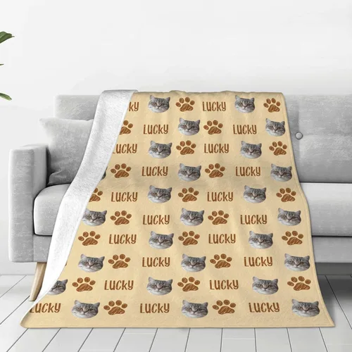Vista 3 de Manta personalizada con cara de gato y nombre de forro polar suave, divertida manta de fotos de varios tamaños, mantas personalizadas para sofá