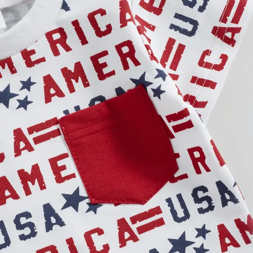 Vista 5 de Ynibbim Conjunto de ropa de verano para niños pequeños del 4 de julio, camiseta con estampado de letras y pantalones cortos de algodón