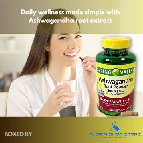 Vista 3 de Ashwagandha - Polvo de raíz de 500 mg, 60 cápsulas (paquete de 1), en caja por Fusion Shop Store