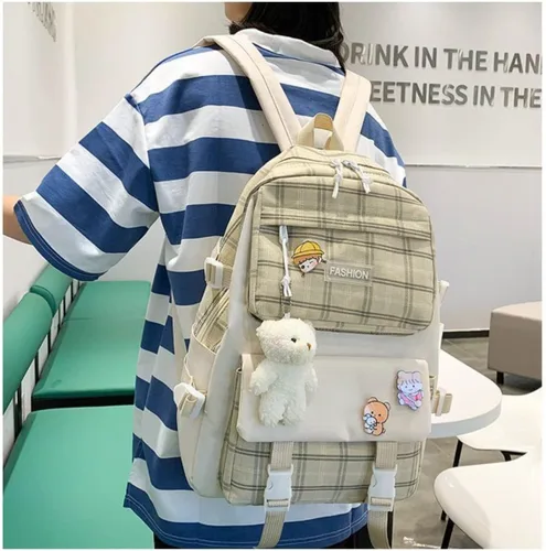 Vista 5 de Juego de 5 mochilas Kawaii de lona con bonitos alfileres colgantes de oso a cuadros, asa a cuadros, bolsa de hombro, Caqui