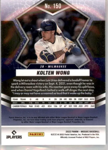 Vista 2 de 2022 Panini Mosaic #150 Kolten Wong Milwaukee Brewers Baseball Trading Card